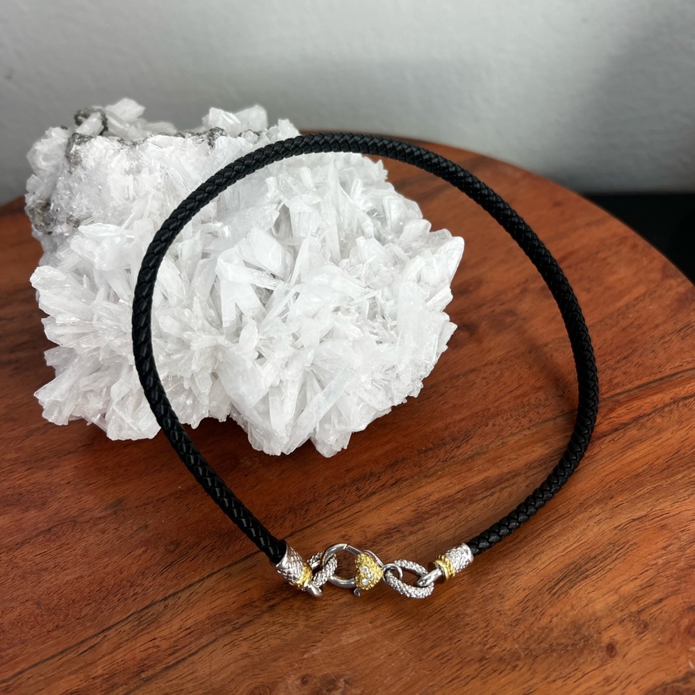 Judith Ripka JR TWO Sterling Silver 18K Diamond Leather Cord Necklace 15 3/4” - Picture 2 of 11